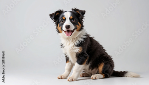 A detailed full-body depiction of a Border Collie puppy sitting down on a clean, simple background, fluffy fur, intelligent eyes, playful, black and white markings, adorable, cute, charming, dog