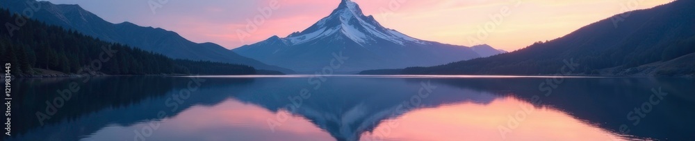 Obraz premium majestic mountain peak reflected in the calm surface of a serene mountain lake at dawn, landscape, lake, calm
