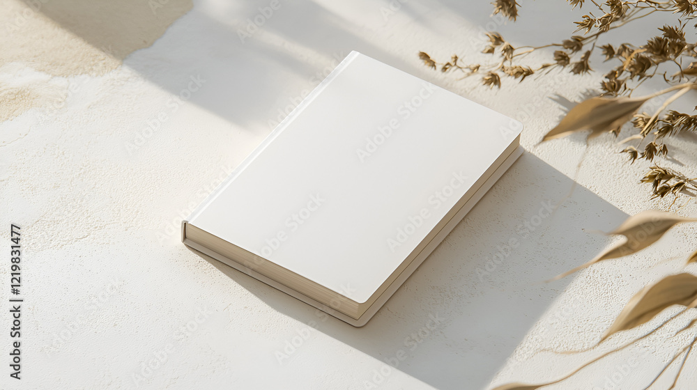 Blank white book on a textured surface with dried flowers. Perfect for mockups or minimalist designs. Blank white book on a textured surface with dried flowers. Perfect for mockups or minimalist designs.