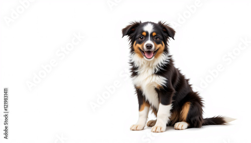 A detailed full-body depiction of a Border Collie puppy sitting down on a clean, simple background, fluffy fur, intelligent eyes, playful, black and white markings, adorable, cute, charming, dog