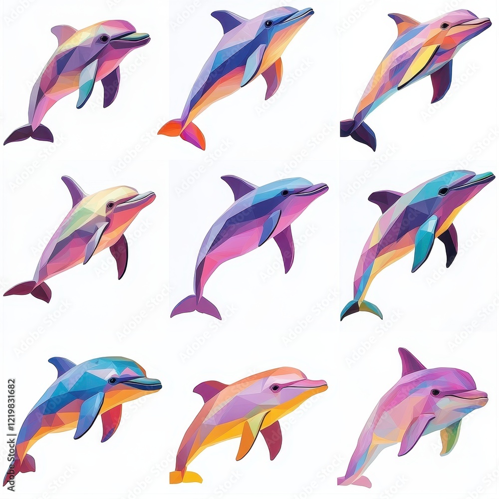 Naklejka premium Geometric Dolphins Collection: A vibrant collection of nine low-poly dolphins in various colors and poses. Perfect for adding a playful and modern touch to your designs.