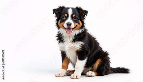 A detailed full-body depiction of a Border Collie puppy sitting down on a clean, simple background, fluffy fur, intelligent eyes, playful, black and white markings, adorable, cute, charming, dog