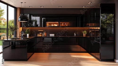 Wallpaper Mural Modern black kitchen with island, sleek cabinets, and integrated appliances. Torontodigital.ca