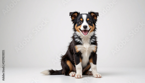 A detailed full-body depiction of a Border Collie puppy sitting down on a clean, simple background, fluffy fur, intelligent eyes, playful, black and white markings, adorable, cute, charming, dog