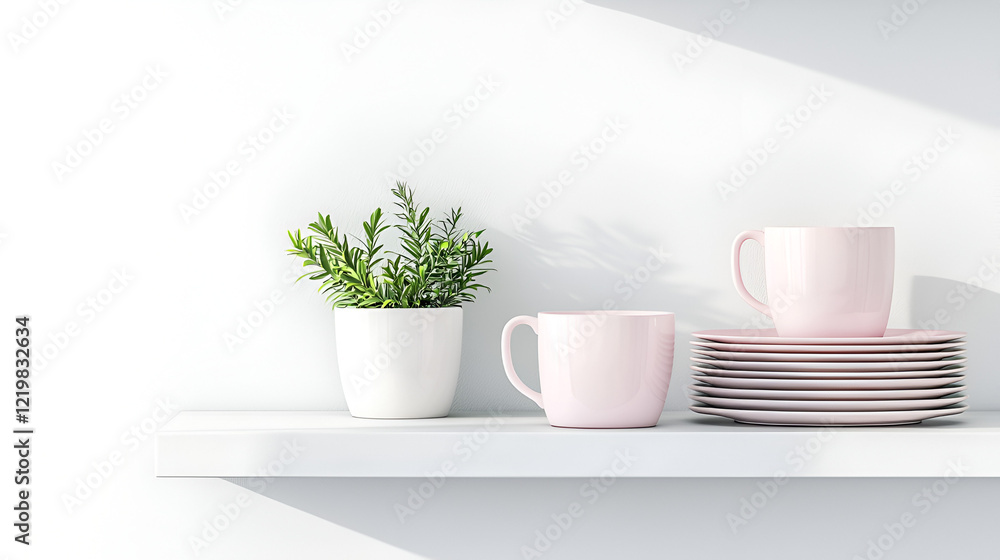 Obraz premium Pink mugs and plates on a white shelf with a small potted plant. Minimalist kitchen decor.