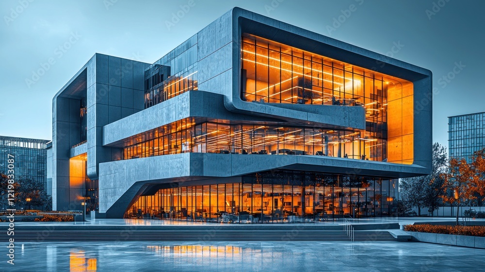 Modern building with bright lights and geometric design. Modern building with bright lights and geometric design.