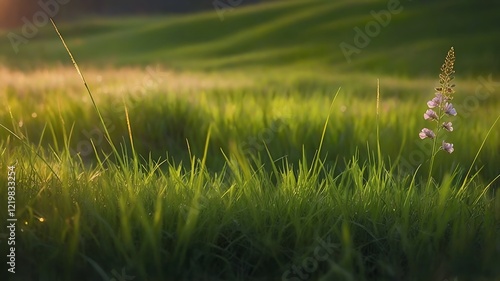 Peaceful Meadow of Green Grass Under Warm Sunlight with a Relaxing and Serene Atmosphere photo