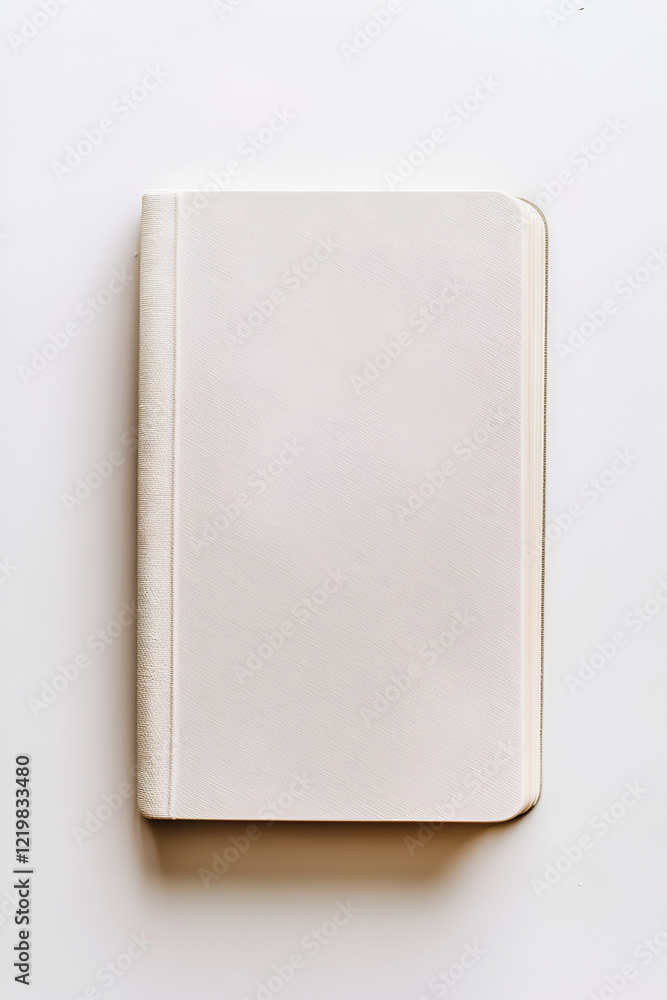 Blank off-white notebook with textured cover, closed, on a white background. Perfect for mockups or design projects. Blank off-white notebook with textured cover, closed, on a white background. Perfect for mockups or design projects.