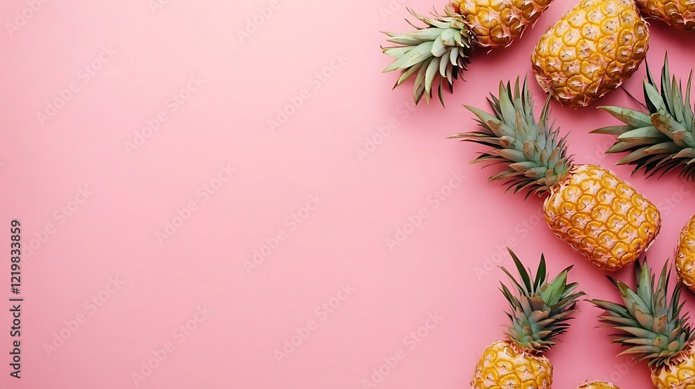 A vibrant fruit wallpaper featuring an abundance of ripe pineapples, showcasing a delightful array of tropical fruits from a top-down perspective. This horizontal banner mimics a professional photogra A vibrant fruit wallpaper featuring an abundance of ripe pineapples, showcasing a delightful array of tropical fruits from a top-down perspective. This horizontal banner mimics a professional photogra