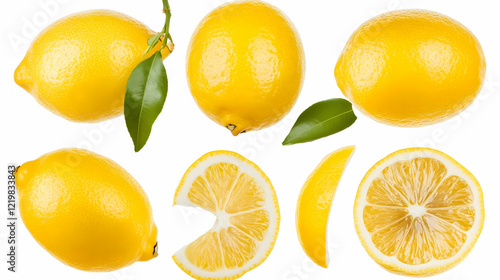 Wallpaper Mural Fresh lemons, sliced and whole, leaves, white background, food photography Torontodigital.ca