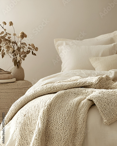 Cream-colored knitted throw blanket draped on a bed with neutral-toned linens.  Creates a calm and cozy atmosphere.