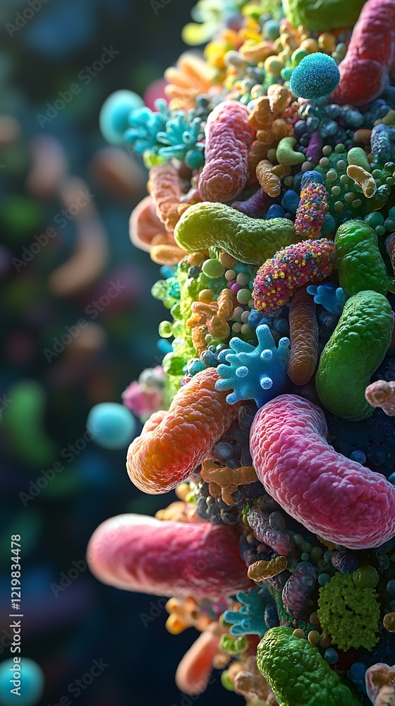 Fototapeta premium Intricate Neon Depiction of Gut Microbiota Showcasing Vibrant Colors and Microscopic Precision Picture
