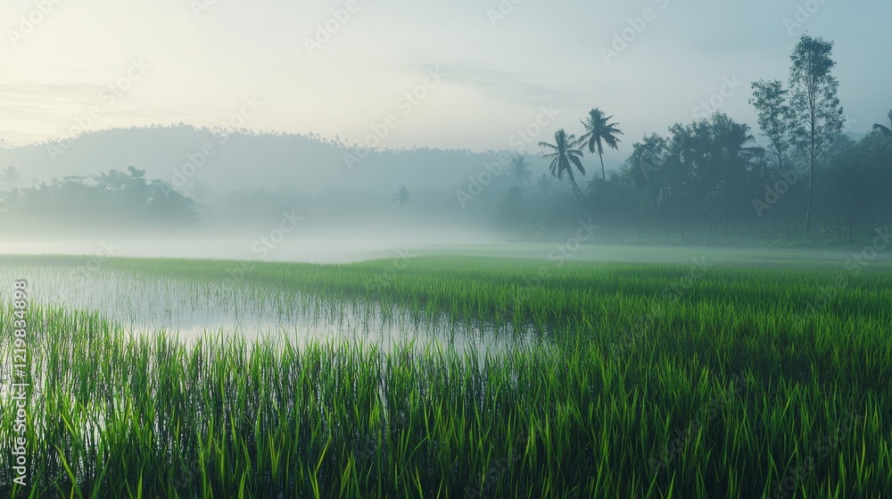 Rice field in early morning mist. Featuring a rice field covered in early morning mist. Highlighting serene and atmospheric landscape. Ideal for nature and travel visuals. Rice field in early morning mist. Featuring a rice field covered in early morning mist. Highlighting serene and atmospheric landscape. Ideal for nature and travel visuals.