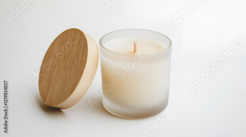 A creamy-colored candle in a frosted glass jar with a light wood lid, sits on a white background.