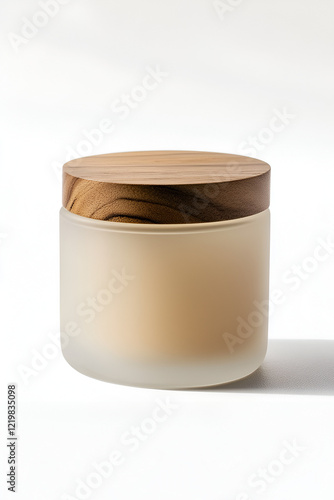 Elegant frosted glass jar with a light brown wooden lid. Perfect for storing cosmetics or candles.