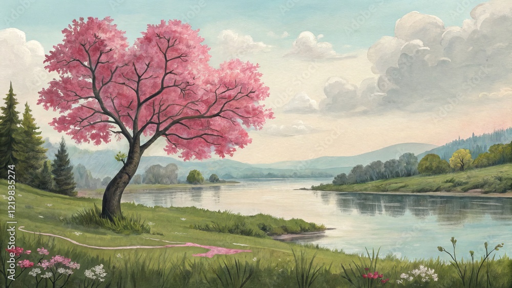 Heart-Shaped Cherry Blossom Tree by River Acrylic Painting Landscape, Nature, Serenity Cherry blossom, Landscape painting Heart-Shaped Cherry Blossom Tree by River Acrylic Painting Landscape, Nature, Serenity Cherry blossom, Landscape painting