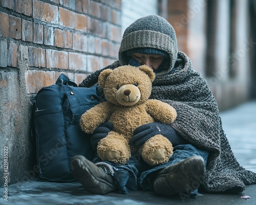 A poignant image of a homeless person with a teddy bear and a blanket, sitting against a weathered brick wall, capturing the harsh realities of poverty and survival in the city photo