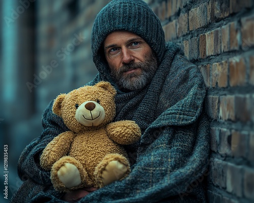 A homeless individual, holding a teddy bear and wrapped in a blanket, sitting against a gritty brick wall, capturing the emotional depth and struggles of living in poverty photo