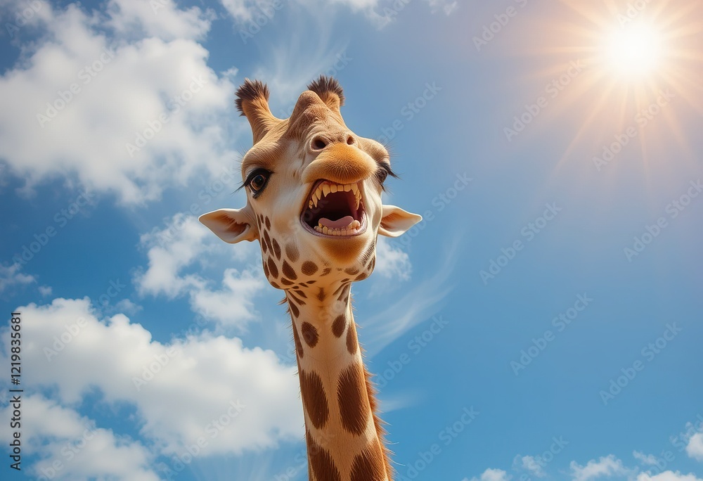 Naklejka premium A close-up image shows a giraffe's head and neck against a vibrant blue sky with fluffy clouds and bright sunshine; the giraffe appears to be yawning.
