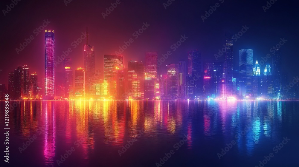 A vibrant cityscape with colorful neon lights reflects on the water, creating a mesmerizing urban landscape, embodying modernity and energy at night. A vibrant cityscape with colorful neon lights reflects on the water, creating a mesmerizing urban landscape, embodying modernity and energy at night.