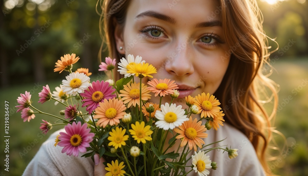 Naklejka premium Young woman smiling with a bouquet of colorful flowers in nature
