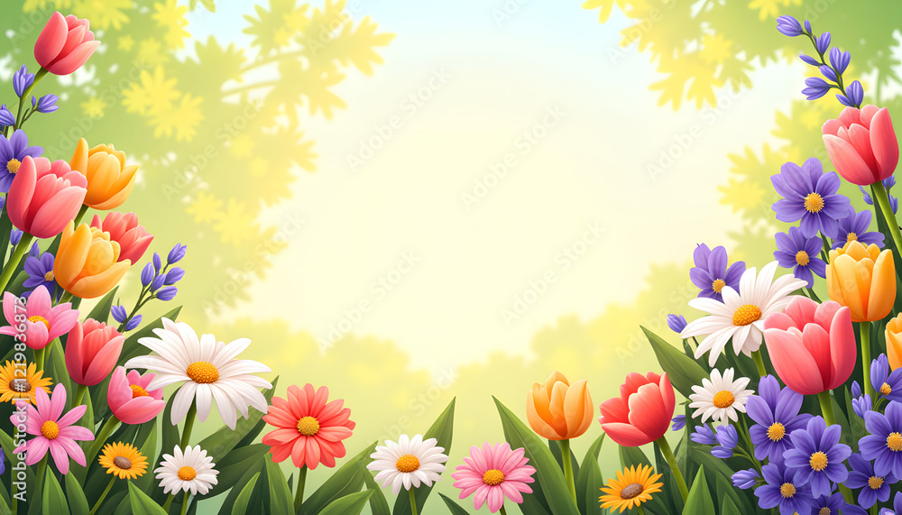 Obraz premium Colorful flower patch with blooming daisies and tulips