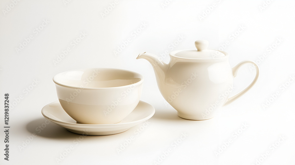 Cream-colored teapot and teacup set against a white background. Perfect for a minimalist aesthetic. Cream-colored teapot and teacup set against a white background. Perfect for a minimalist aesthetic.