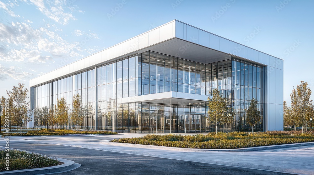 Modern glass office building exterior with landscaping. Modern glass office building exterior with landscaping.