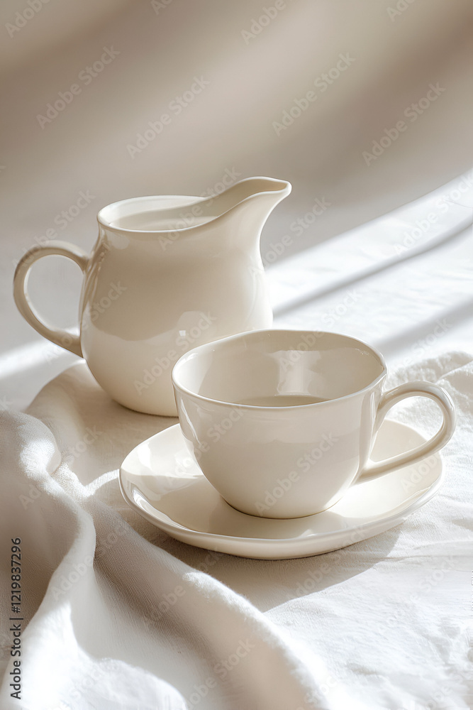 Creamy white teacup and creamer set on a linen tablecloth, bathed in sunlight. A minimalist morning scene. Creamy white teacup and creamer set on a linen tablecloth, bathed in sunlight. A minimalist morning scene.