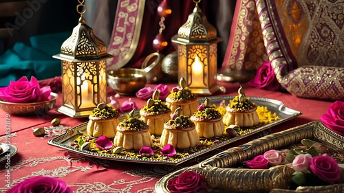 Elegant table setting with golden lanterns, floral decorations, and traditional sweets arranged on a richly patterned cloth.

 photo