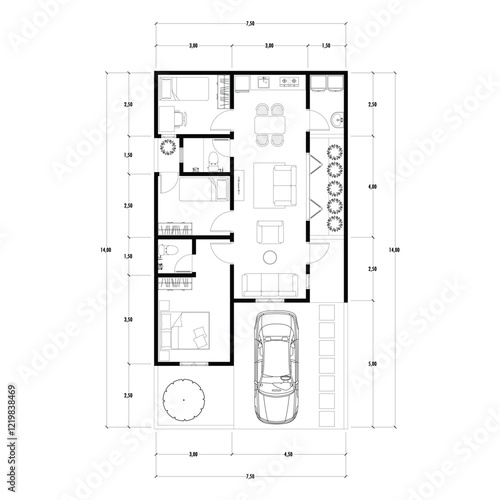 Black and White floor plan of a modern unfurnished house for your design. Suburban house vector blueprint. Architectural background. eps 10