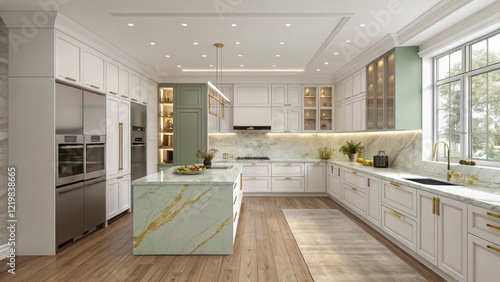 Luxury Kitchen Design White and Sage Green Cabinets, Marble Island, 3D Render, Gold Accents Keywords kitchen design, 3D rendering