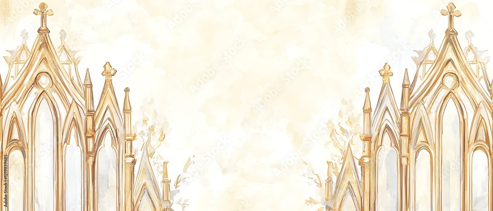 Obraz premium Watercolor architectural border with gothic cathedral details and gothic window frames on a warm ivory background