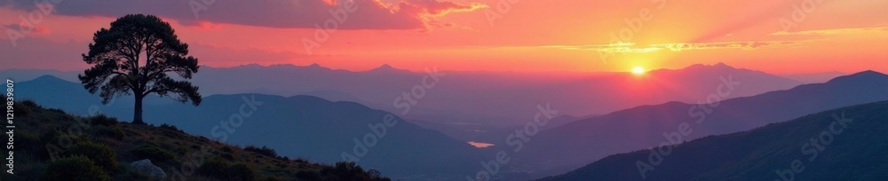 Fototapeta premium majestic mountain range at sunset with a lone tree, woodland scenery, mountain range