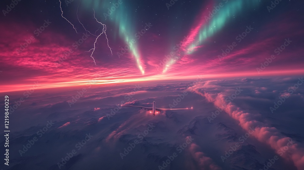 Two planes leaving glowing contrails that fade into the colorful auroras above Two planes leaving glowing contrails that fade into the colorful auroras above