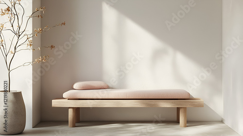 Minimalist interior design: light wood bench with blush pink cushion, complemented by a dried floral arrangement.
