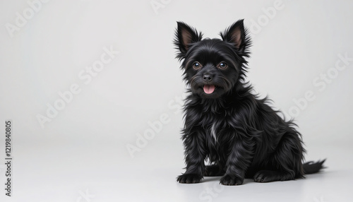 A highly detailed and realistic full-body image of a black Affenpinscher puppy dog, fluffy fur, small dog breed, sitting dog, happy dog, adorable puppy, cute dog, playful puppy, isolated background