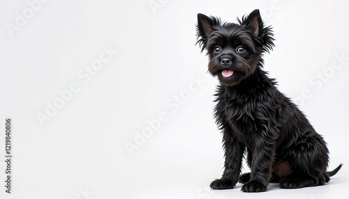 A highly detailed and realistic full-body image of a black Affenpinscher puppy dog, fluffy fur, small dog breed, sitting dog, happy dog, adorable puppy, cute dog, playful puppy, isolated background