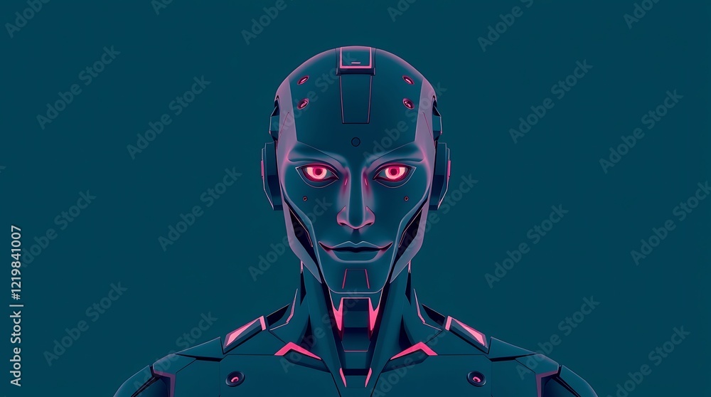 Futuristic Robot Head, Close-up, in Neon Pink Lighting Futuristic Robot Head, Close-up, in Neon Pink Lighting