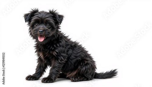 A highly detailed and realistic full-body image of a black Affenpinscher puppy dog, fluffy fur, small dog breed, sitting dog, happy dog, adorable puppy, cute dog, playful puppy, isolated background