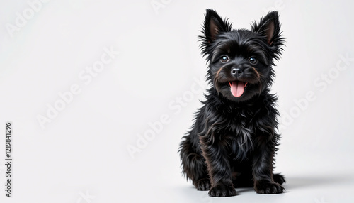 A highly detailed and realistic full-body image of a black Affenpinscher puppy dog, fluffy fur, small dog breed, sitting dog, happy dog, adorable puppy, cute dog, playful puppy, isolated background