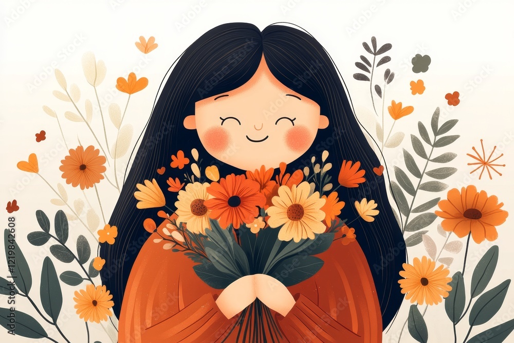 A whimsical depiction of a person holding a bouquet of flowers, their expression joyful and thankful, with playful details and bright colors on a white backdrop A whimsical depiction of a person holding a bouquet of flowers, their expression joyful and thankful, with playful details and bright colors on a white backdrop