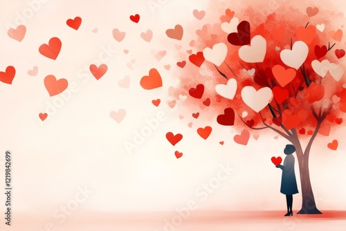 A whimsical illustration of a person standing under a tree filled with colorful hearts instead of leaves, symbolizing gratitude for love and connection photo