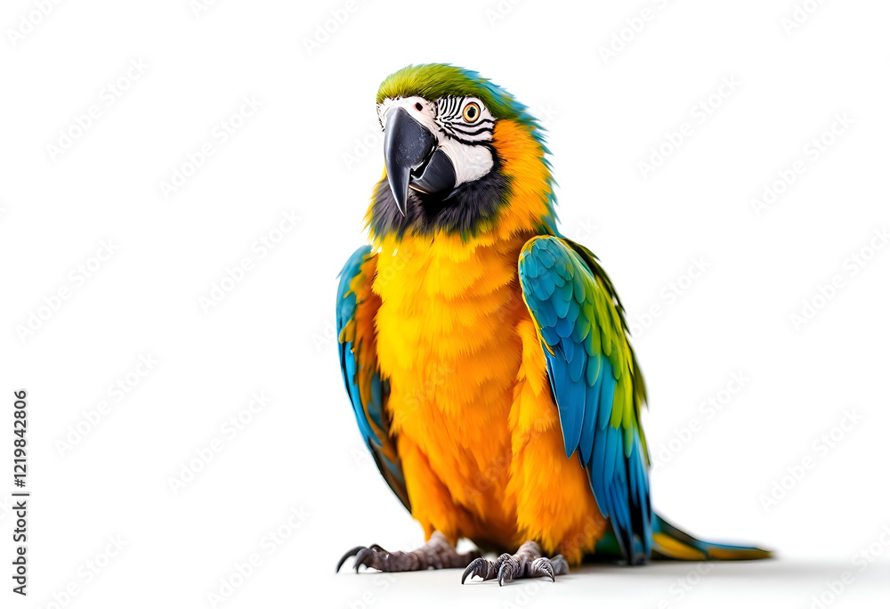 Obraz premium Vibrant Macaw Parrot, Vivid Colors Against White Background