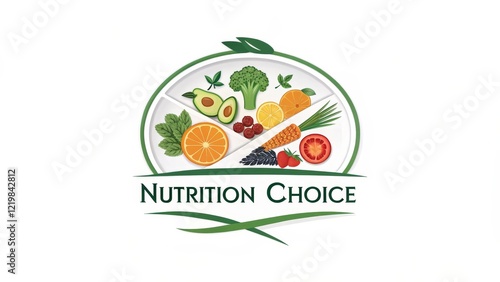 Nutrition Choice Circular Plate Composition with Fresh Fruits and Vegetables, Healthy Eating Concept, logo design Healthy Diet, Food Logo