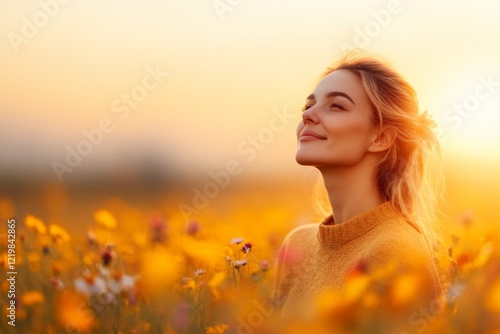 A woman kneeling in a field of wildflowers, looking upward with a peaceful, grateful expression as sunlight beams down