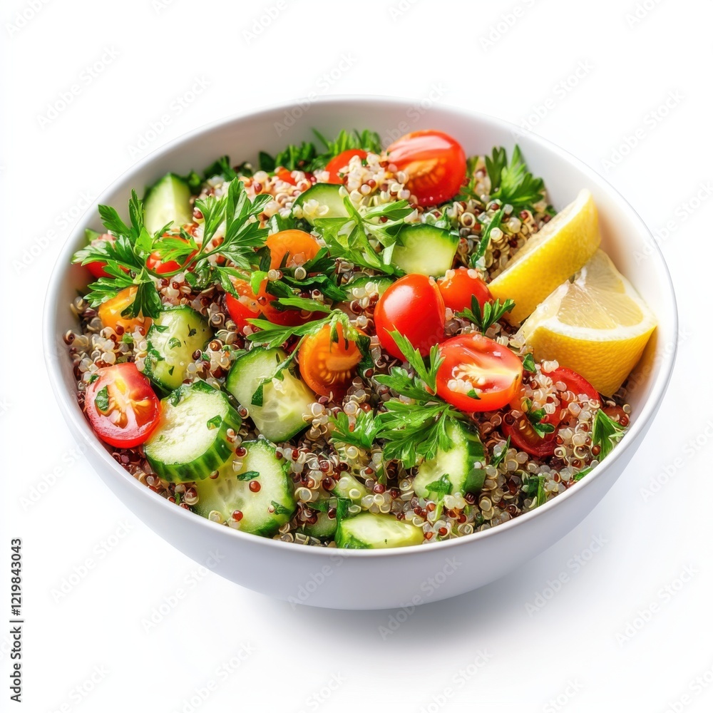 A refreshing quinoa salad with cucumber, cherry tomatoes, and lemon vinaigrette A refreshing quinoa salad with cucumber, cherry tomatoes, and lemon vinaigrette