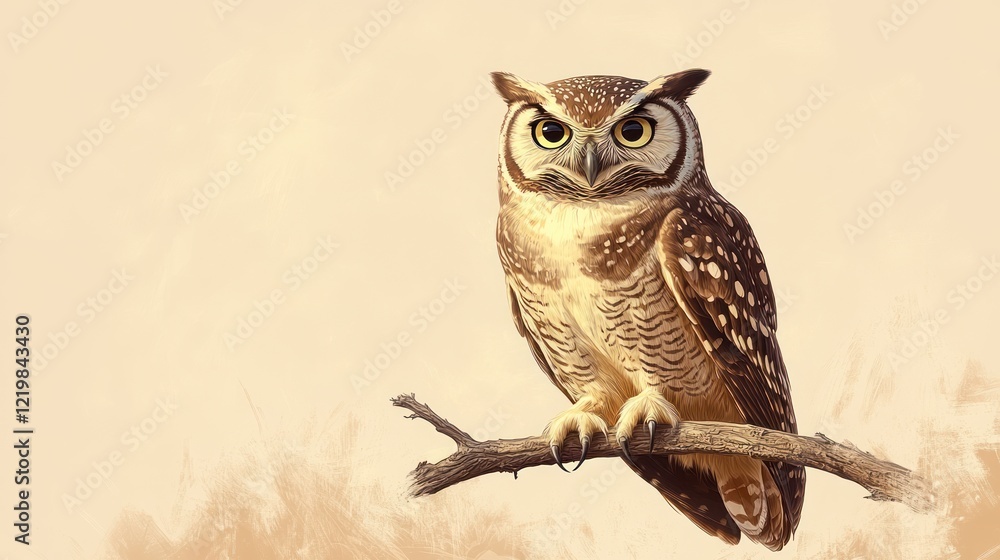 Obraz premium Spotted owl perched on branch, serene background.