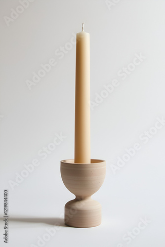 A single, unlit candle stands tall in a minimalist, hourglass-shaped ceramic candle holder. Simple elegance.