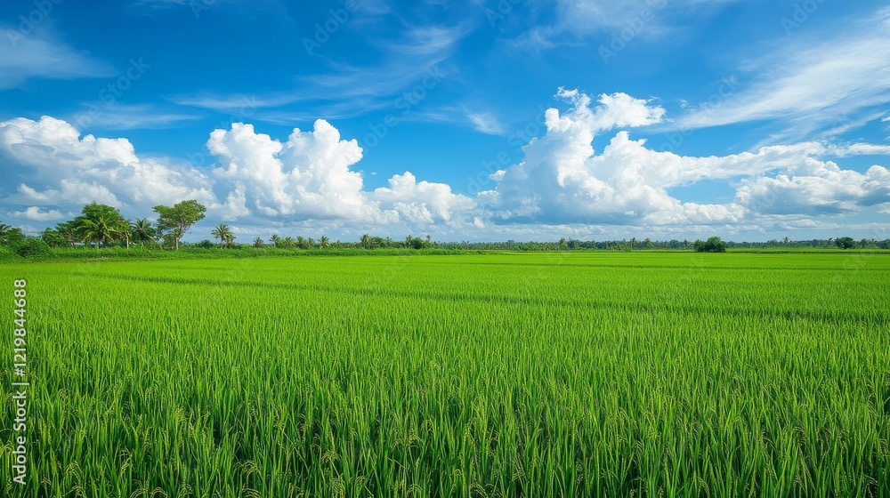 Obraz premium Rice fields under a clear blue sky with fluffy white clouds. Featuring a wide and open landscape. Highlighting the vastness and beauty of the countryside. Ideal for nature and agricultural themes.